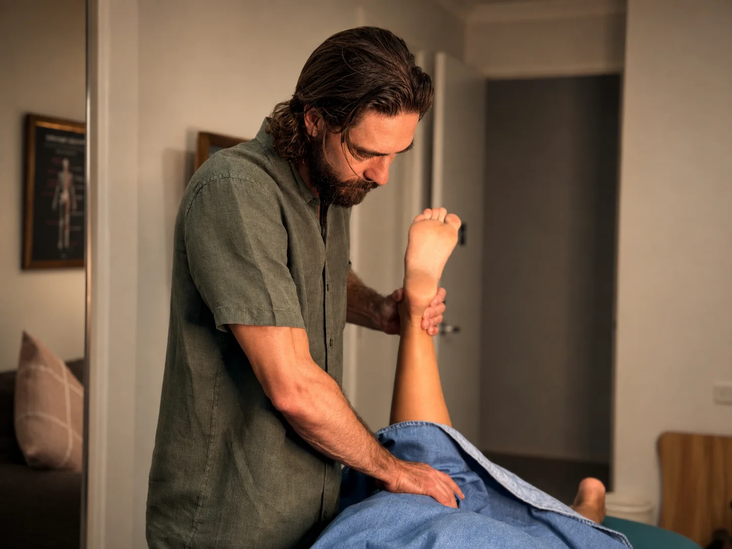 Dr Adam Williams assessing hip and pelvic movement during a consultation